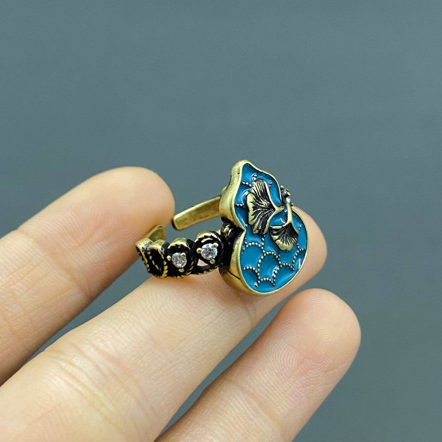 Enamel Ginko Bronze Adjustable Ring
