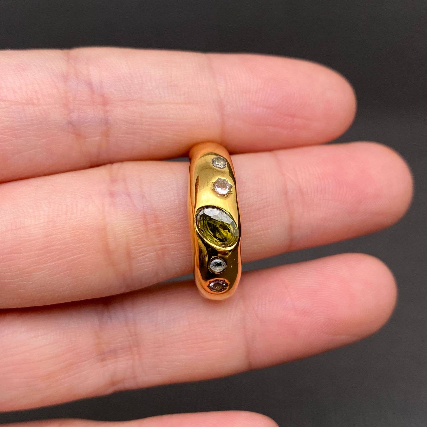 Colored Zircon Inlaid 18K Gold Plated Stainless Steel Ring