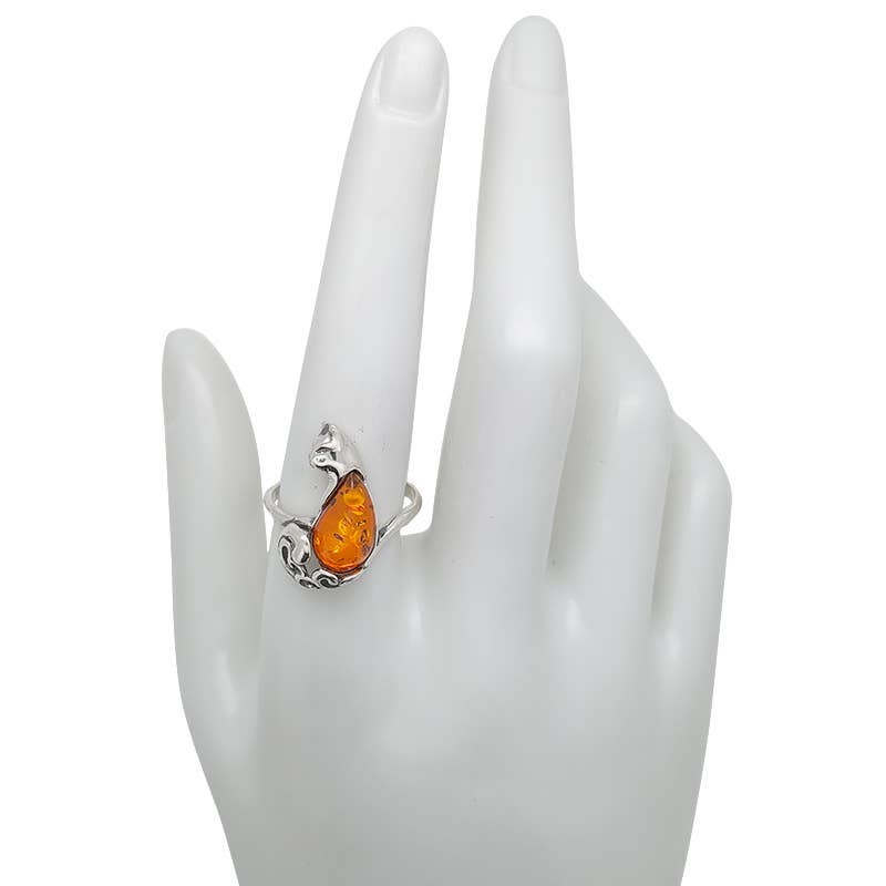 Cat Amber Sterling Silver Cat Ring