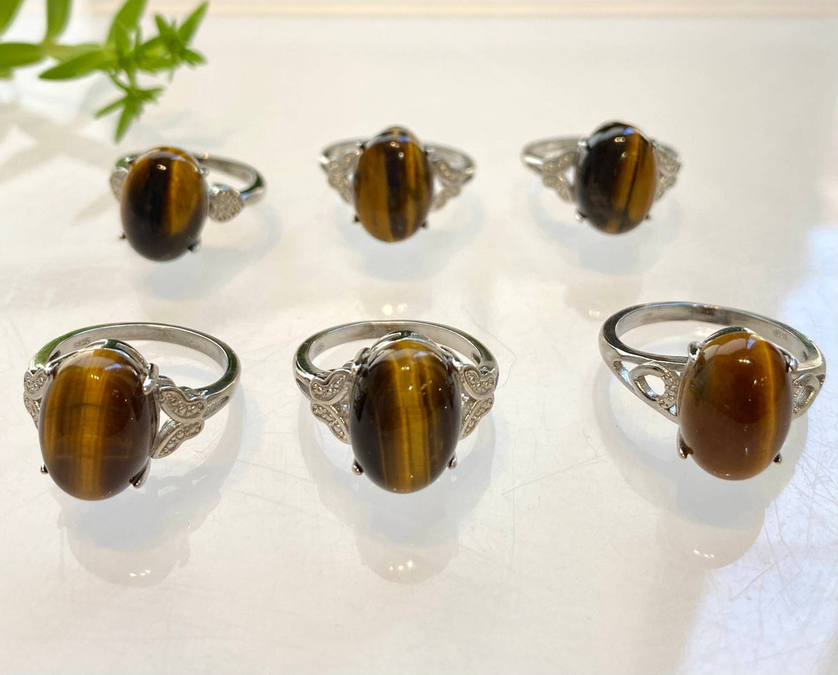 Natural Tiger Eye Ring White Bronze Ring