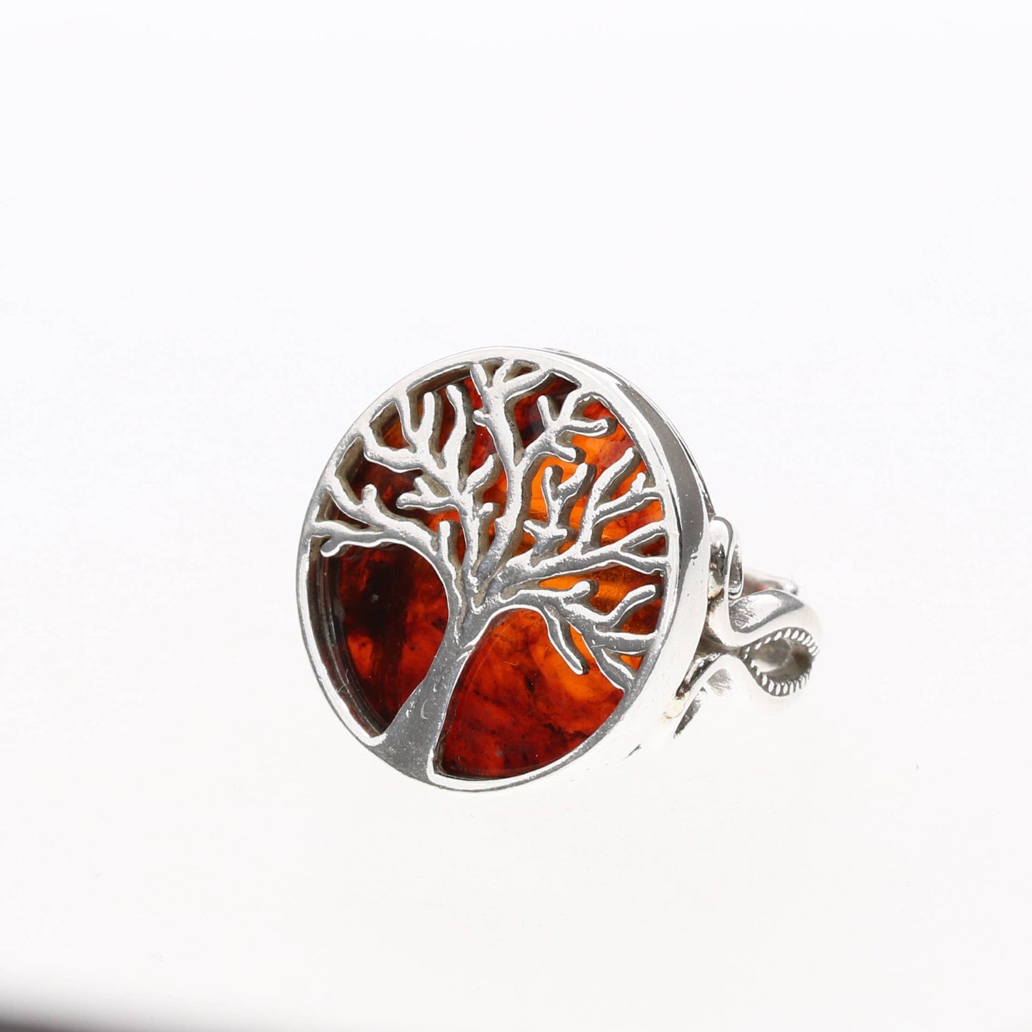 Tree Of Life Cherry Amber Sterling Silver Adjustable Ring