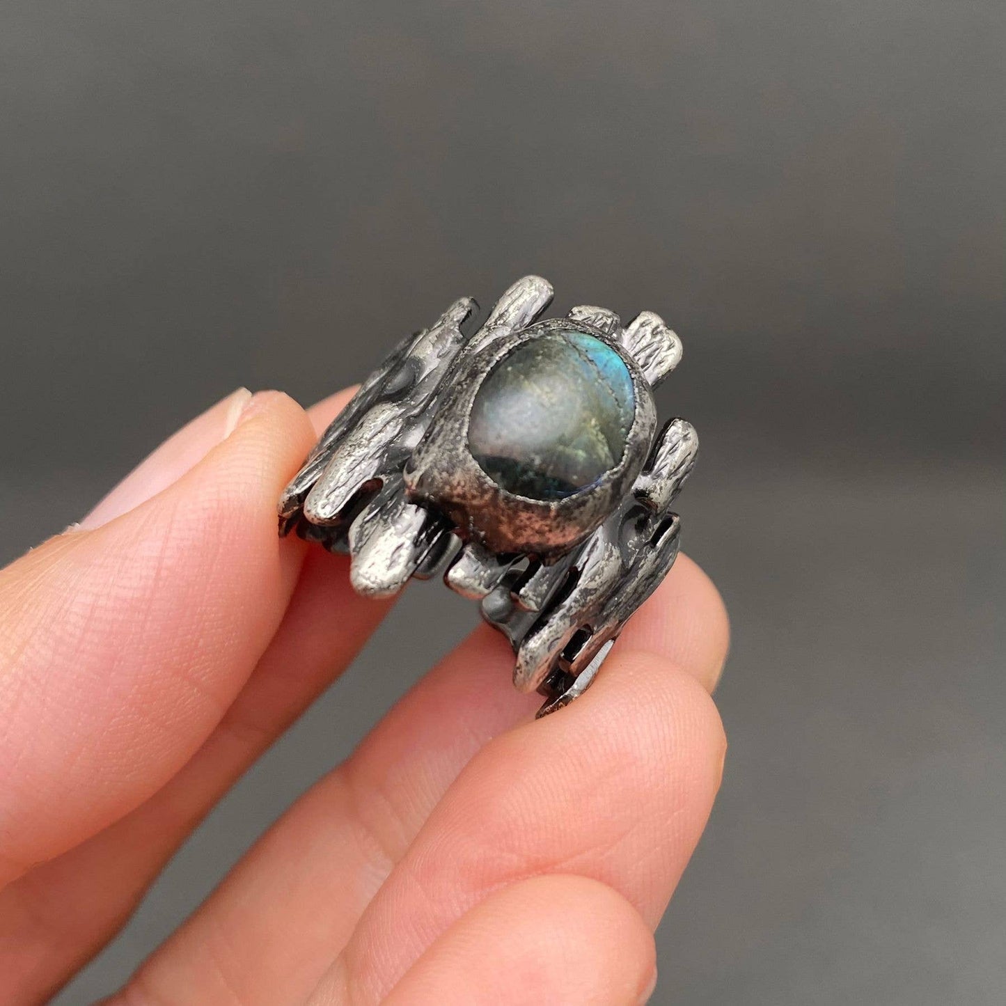 Anemousite Inlaid Stainless Steel Ring