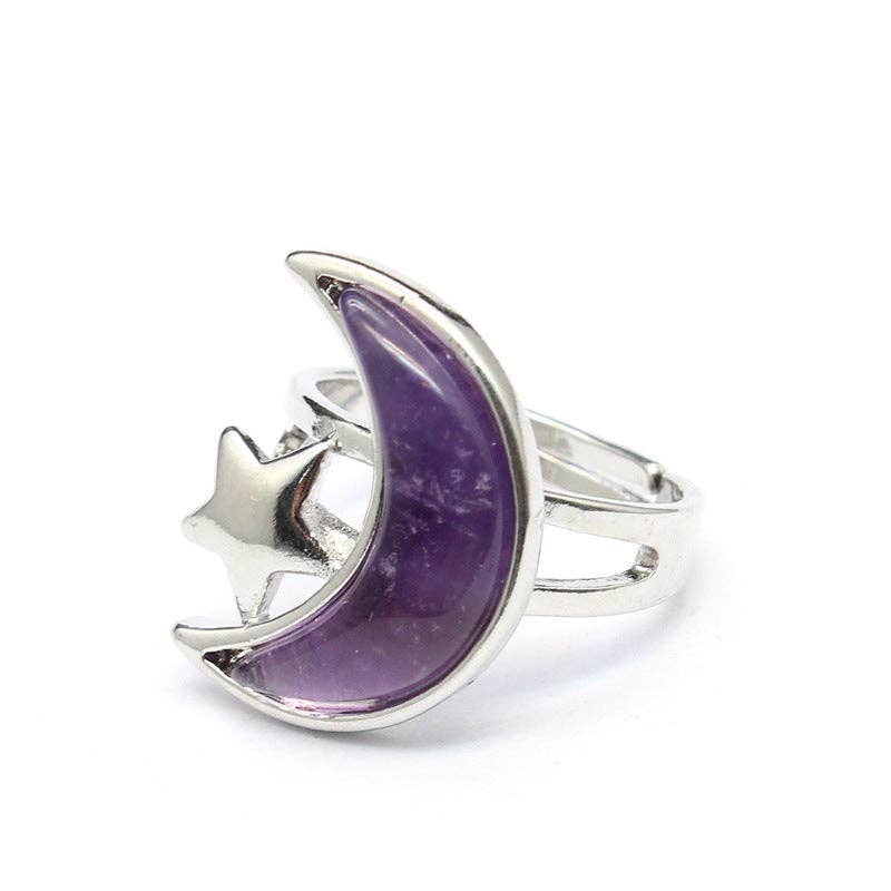 Agate Moon & Star Silver Tone Adjustable Ring