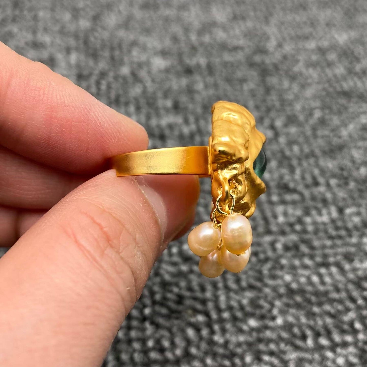 Freshwater Pearl Fringe Evil Eye Gold Adjustable Ring