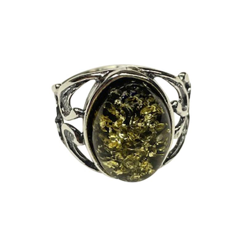 Green Amber Sterling Silver Ring