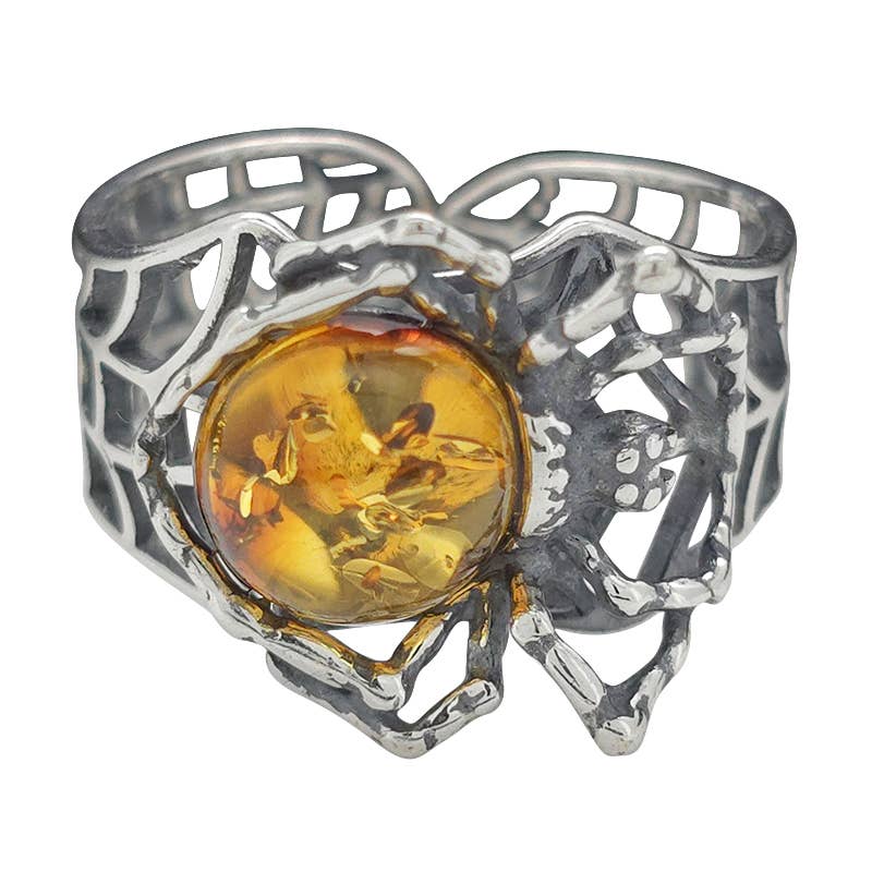 Cognac Amber Silver Spider Adjustable Ring