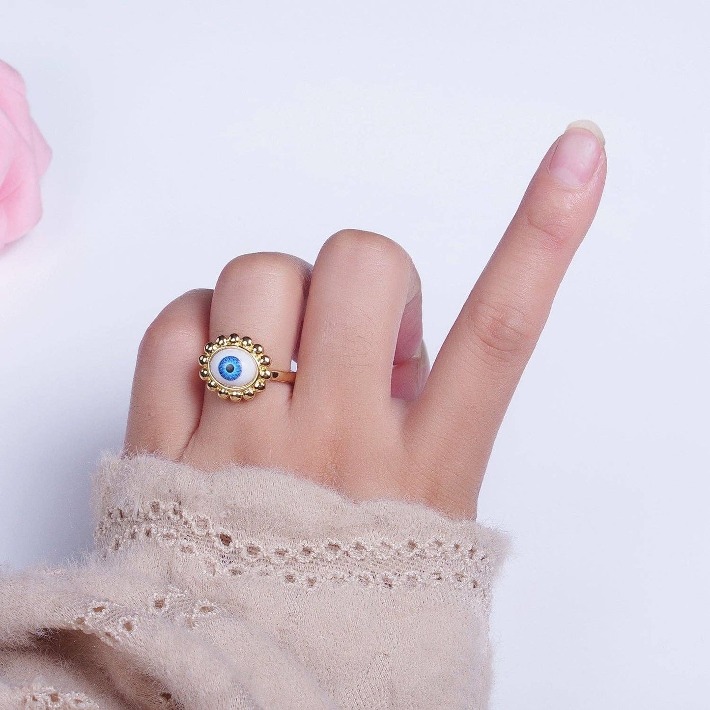 Elegant Gold Beaded Blue Evil Eye Protection Ring ☆ Adjustable