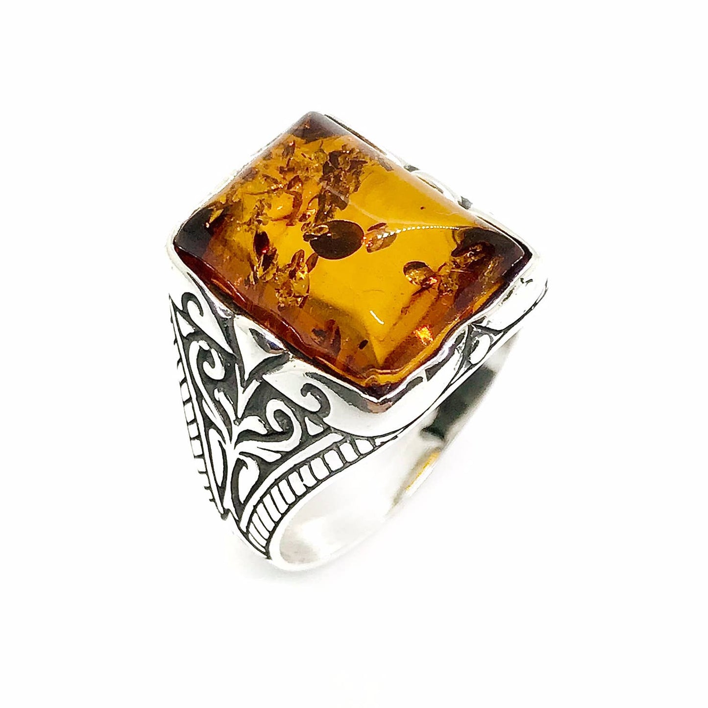 Cognac Amber Sterling Silver Men’s Ring