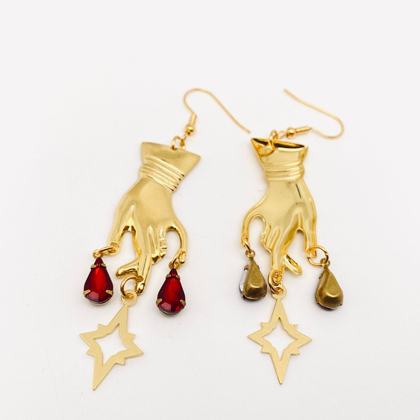 Fortune Teller Golden Hand Red Rhinestone Pendant Earrings Gothic