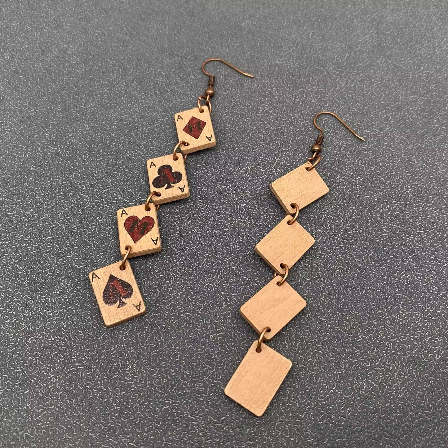 Wooden Ace Poker Cards Linked Dangle Earrings