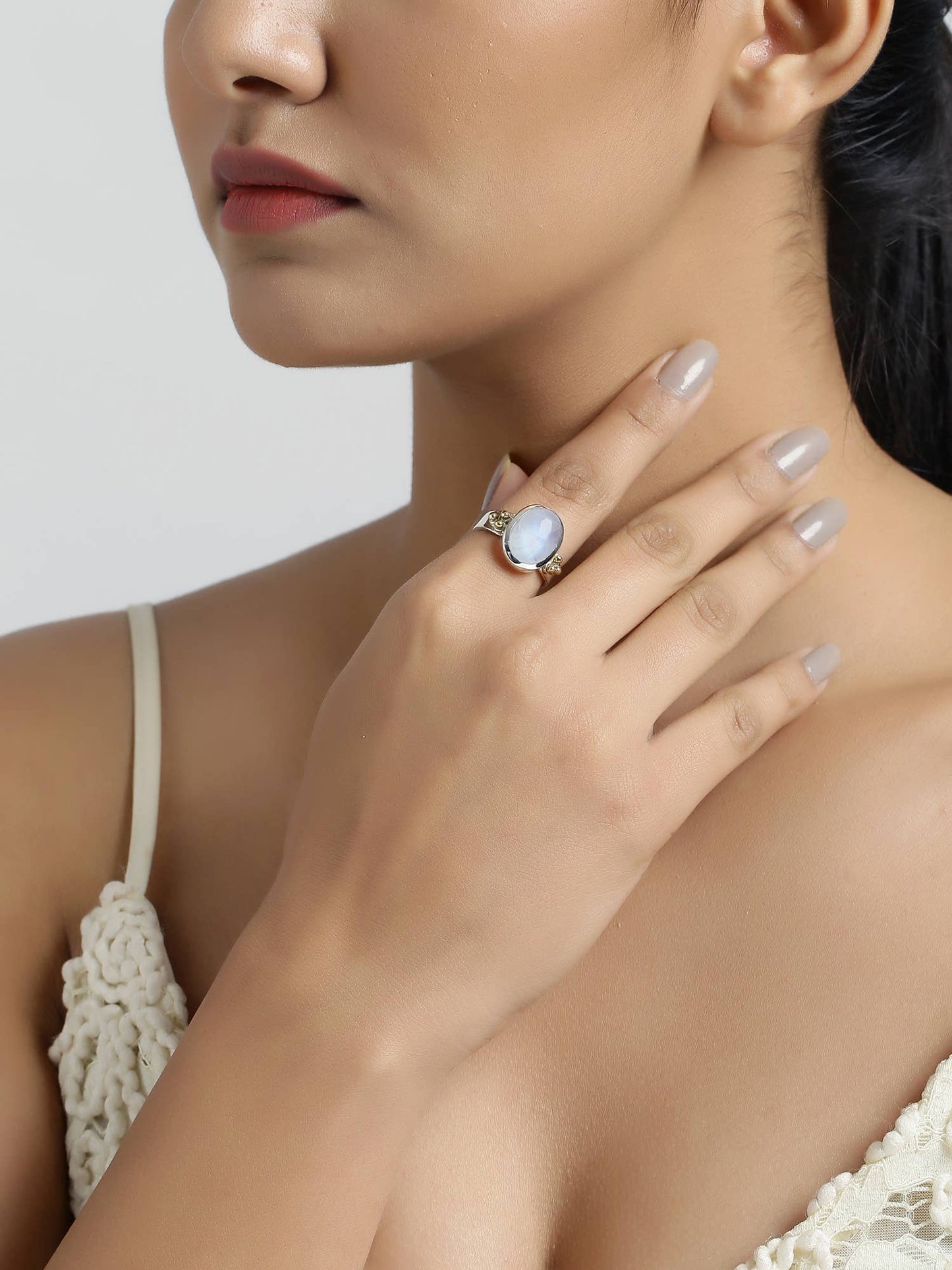 Rainbow Moonstone 925 Sterling Silver Solitaire Brass Accent