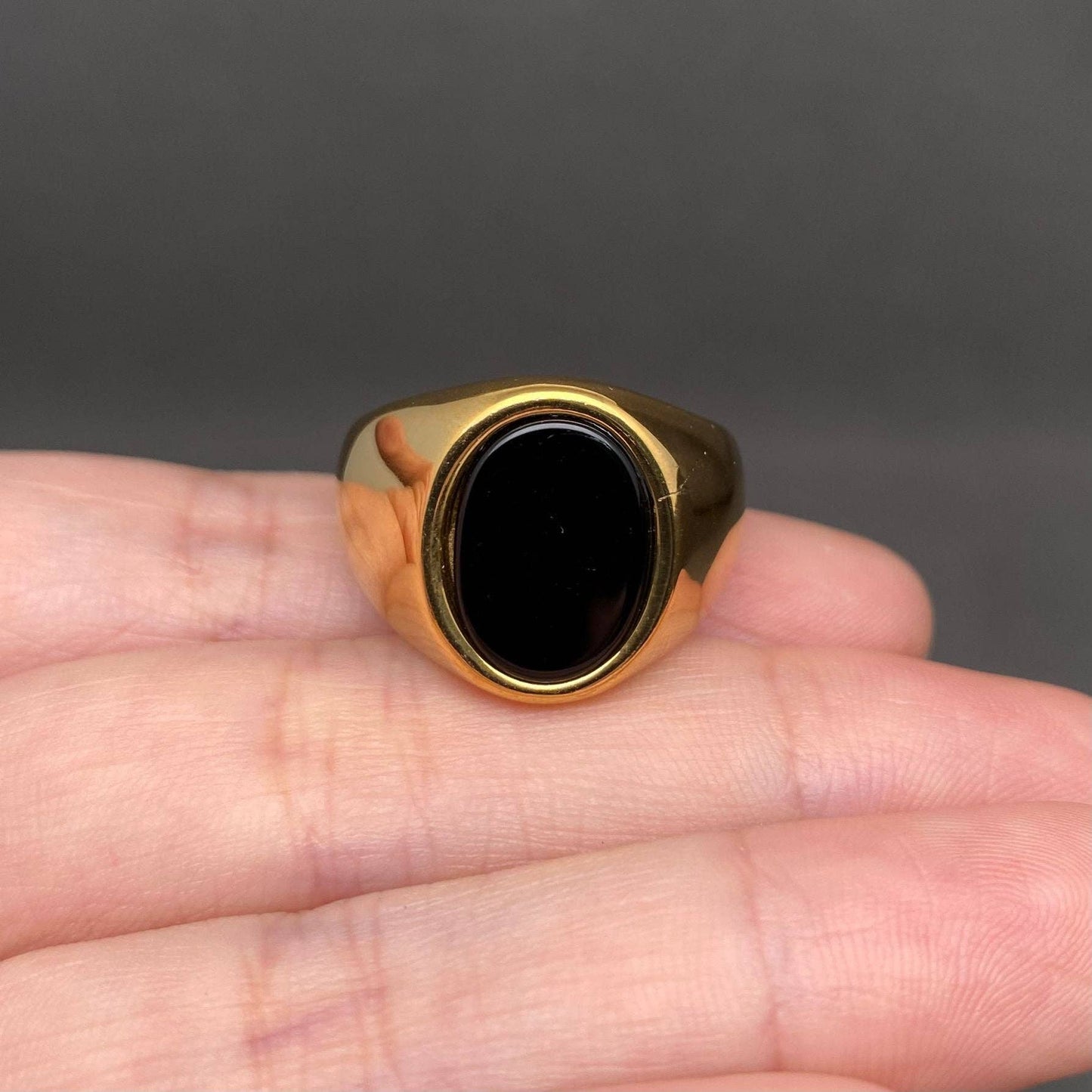 Black Onyx 18K Gold Plated Stainless Steel Ring