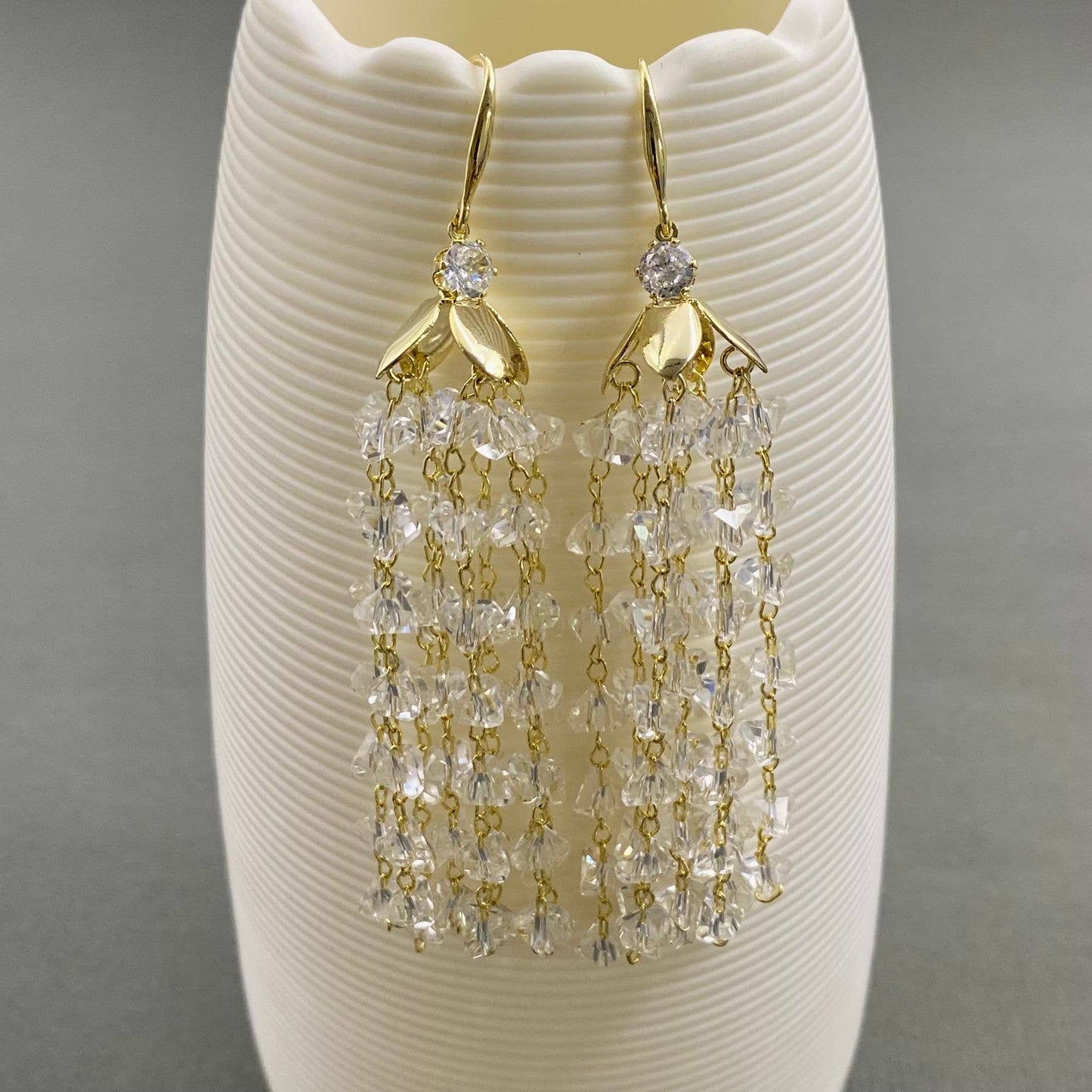 White Crystal Fringe Long Tassel Earrings