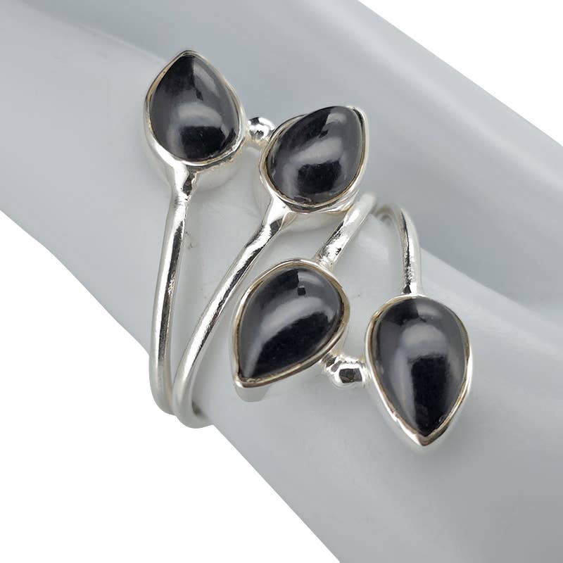 4-Stone Black Onyx Silver Adjustable Ring