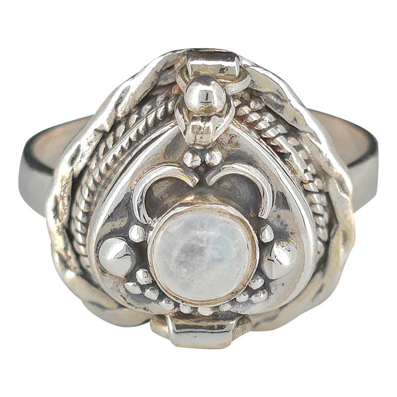Heart-Shaped Moonstone Silver Locket Poison Ring