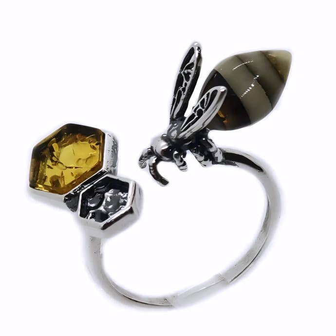 Bee Amber Silver Adjustable Ring