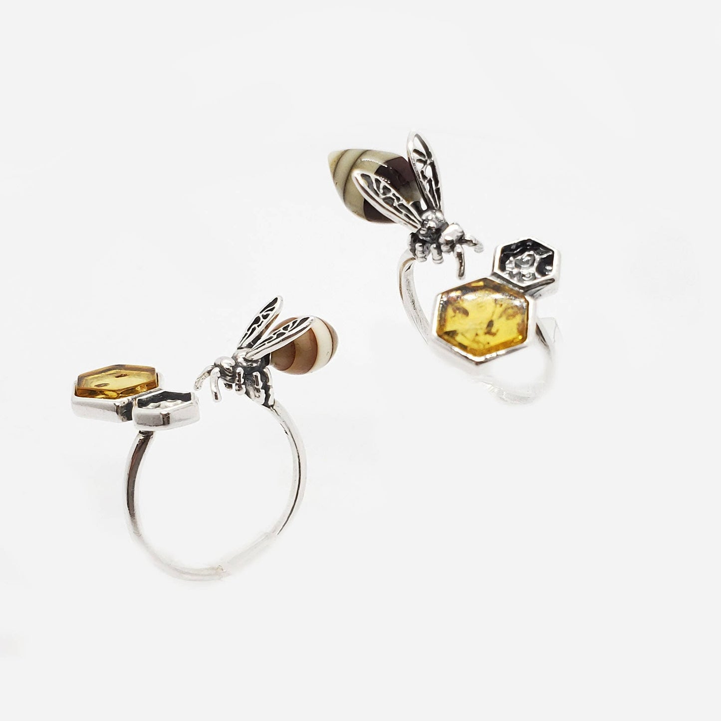 Bee Amber Silver Adjustable Ring