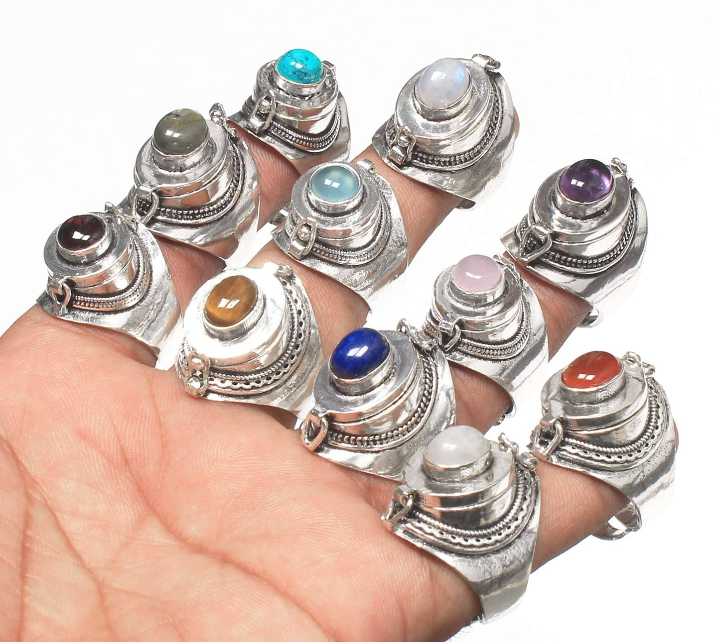 Handmade Silver-Plated Compartment Rings – Poison Rings with Hidden Storage * Various Sizes & Gemstone