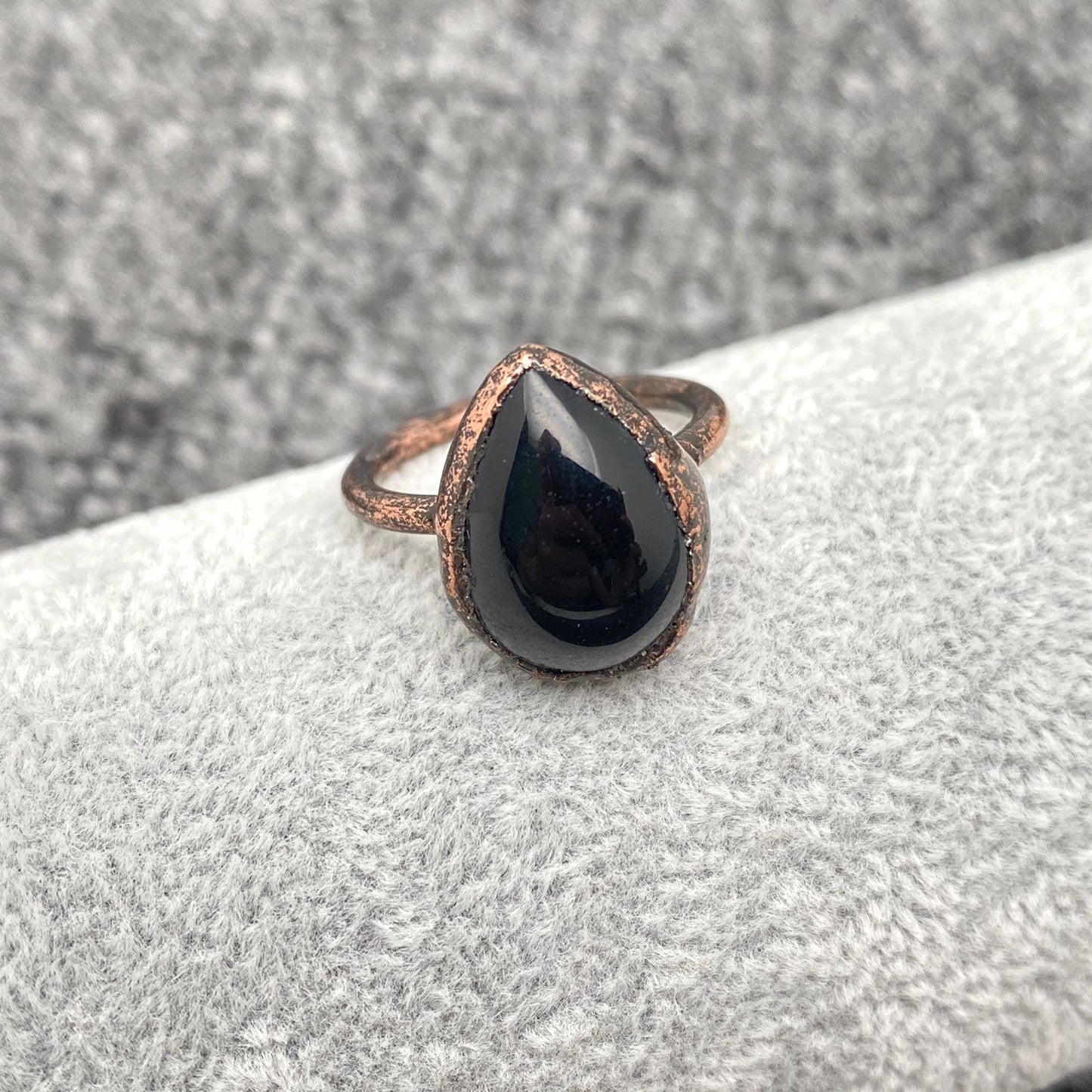 Drop-Shaped Black Agate Adjustable Ring