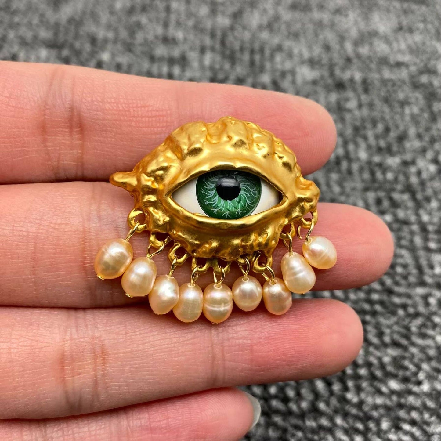 Freshwater Pearl Fringe Evil Eye Gold Adjustable Ring