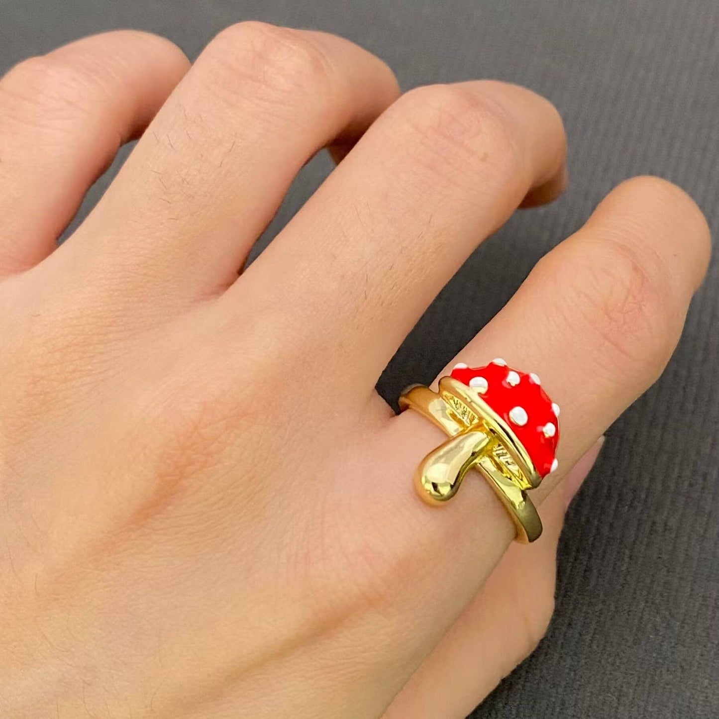 Red Enamel Mushroom Gold Plated Adjustable Ring