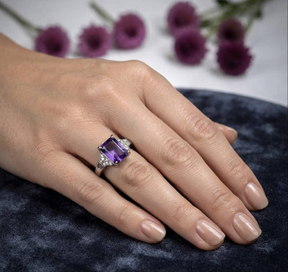 Natural Amethyst Emerald Cut Stainless Steel Ring 7x9mm