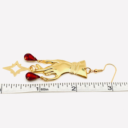 Fortune Teller Golden Hand Red Rhinestone Pendant Earrings Gothic