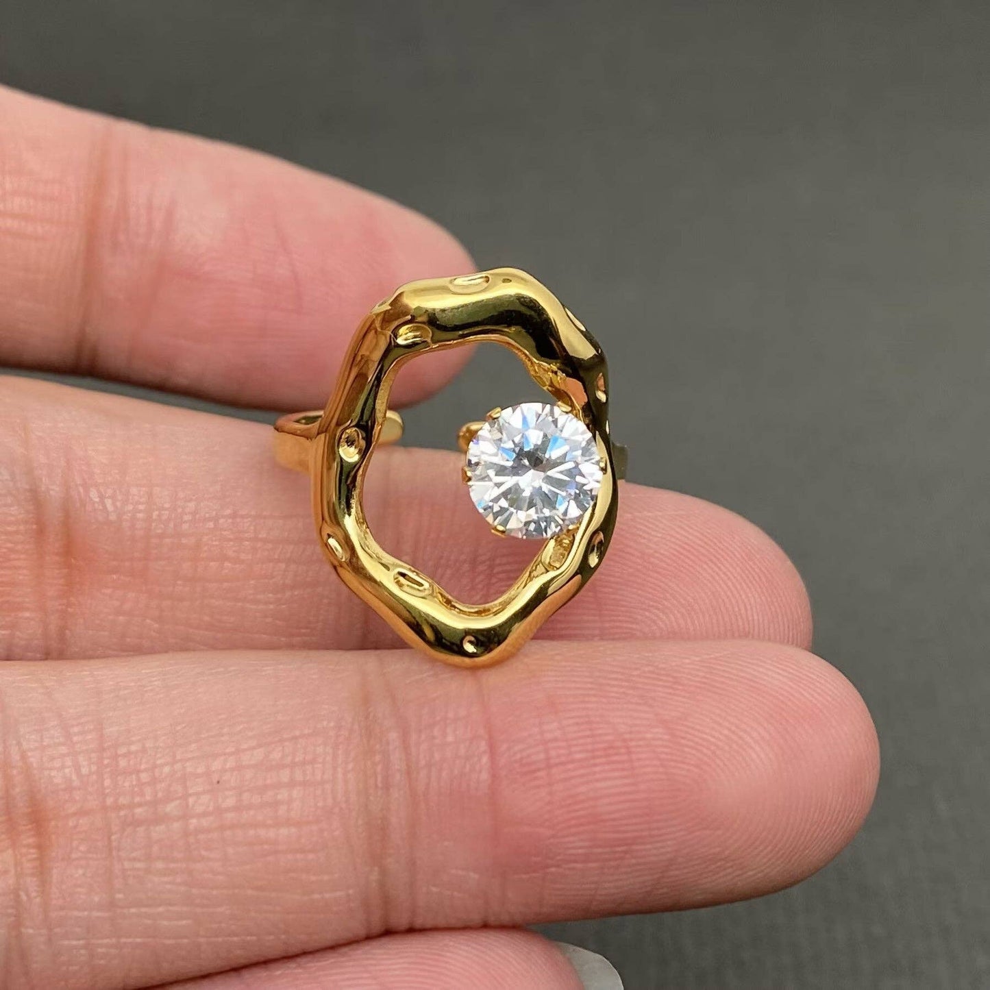 Zirconia Inlaid Irregular Geometry 18K Gold Plated Stainless Steel Ring
