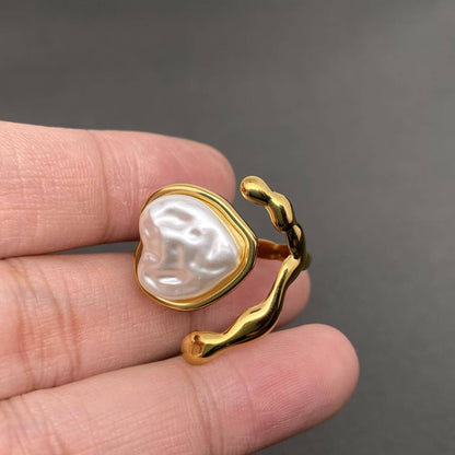 Heart Shape Pearl Inlaid 18K Gold Plated Adjustable Ring