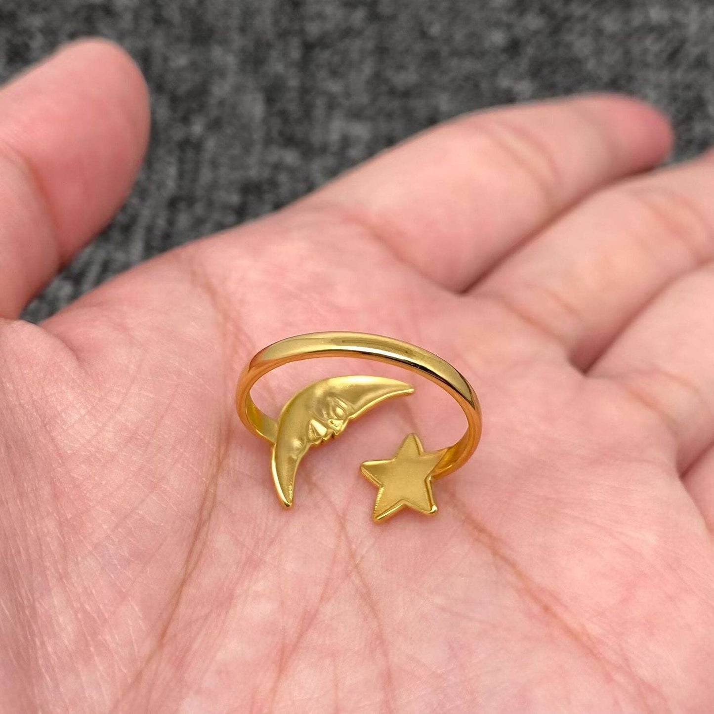 Star Moon 18K Gold Plated Stainless Steel Adjustable Ring