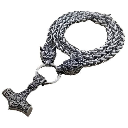 Viking Thor's Hammer Wolf Head Pendant Necklace