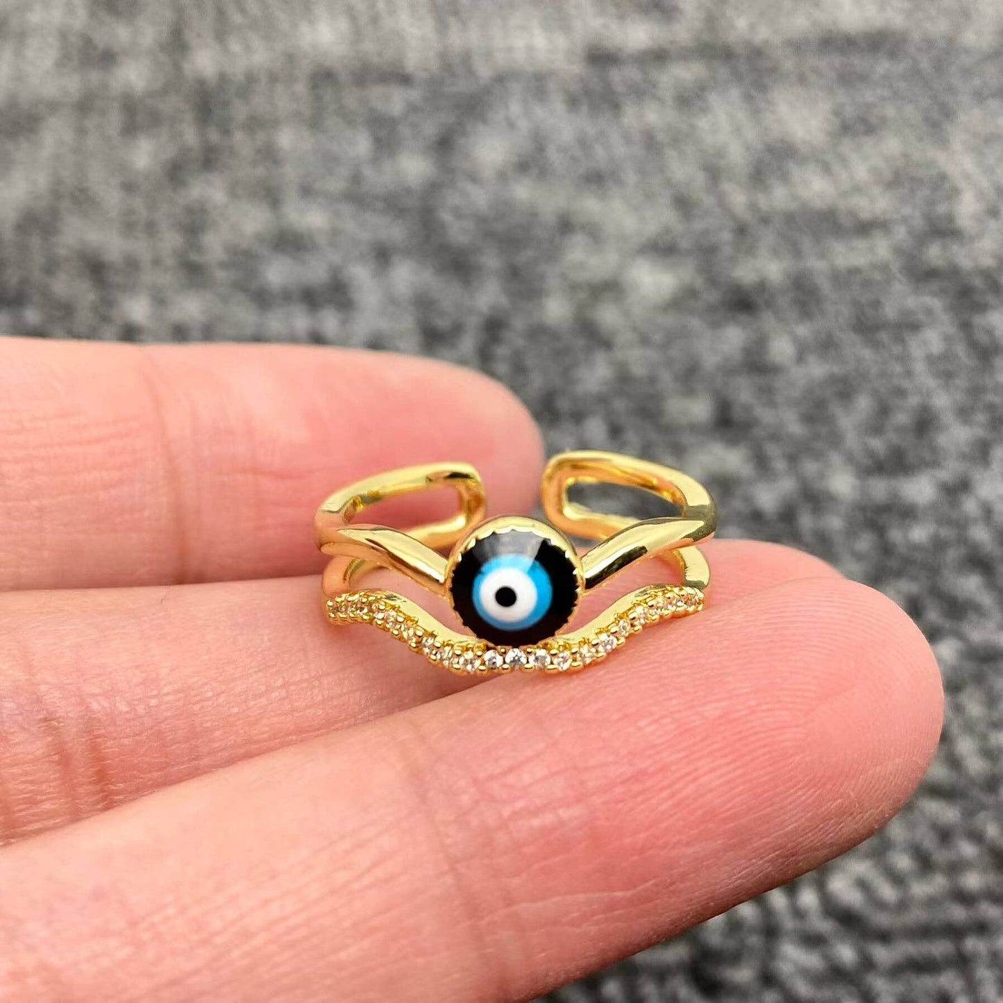 Enamel Rhinestone Turkish Evil Eye Golden Adjustable Rings