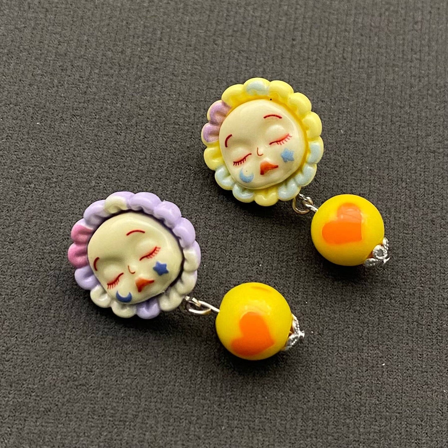Sunflower Clown Face Doll Earrings - Y2K