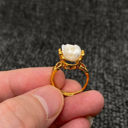 Gothic Freshwater Pearl Carved Skull Adjustable Ring