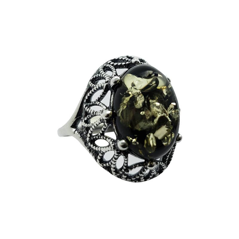 Green Amber Sterling Silver Ring