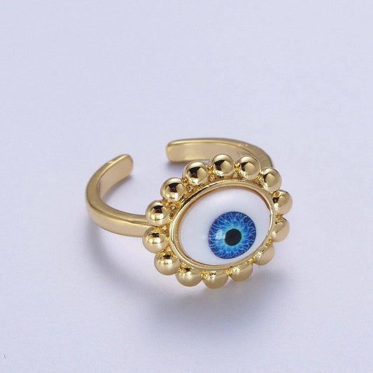 Elegant Gold Beaded Blue Evil Eye Protection Ring ☆ Adjustable