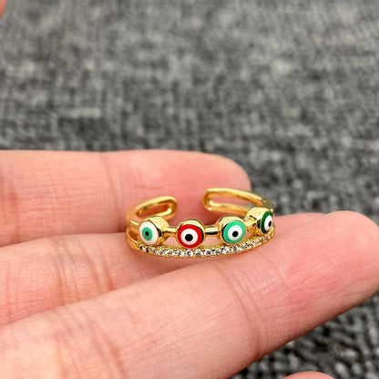 Enamel Rhinestone Turkish Evil Eye Golden Adjustable Rings