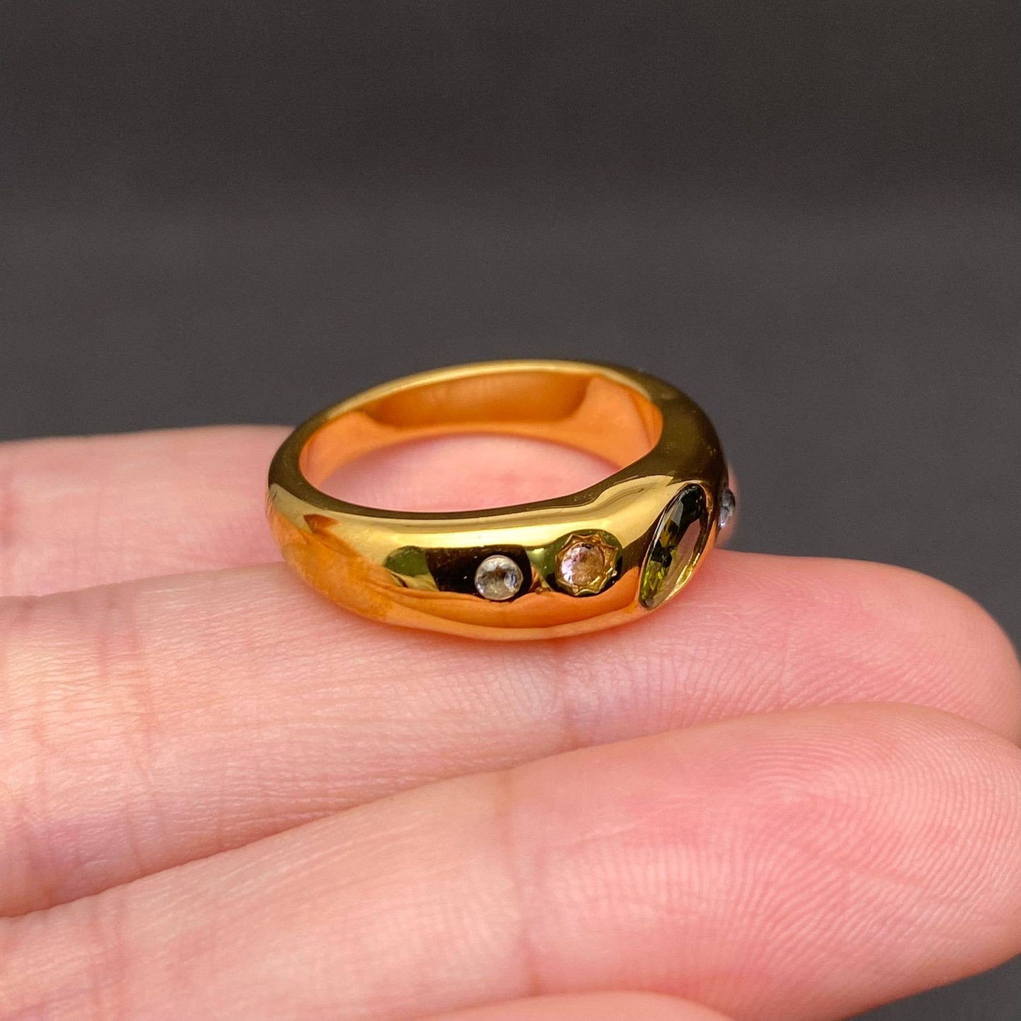 Colored Zircon Inlaid 18K Gold Plated Stainless Steel Ring
