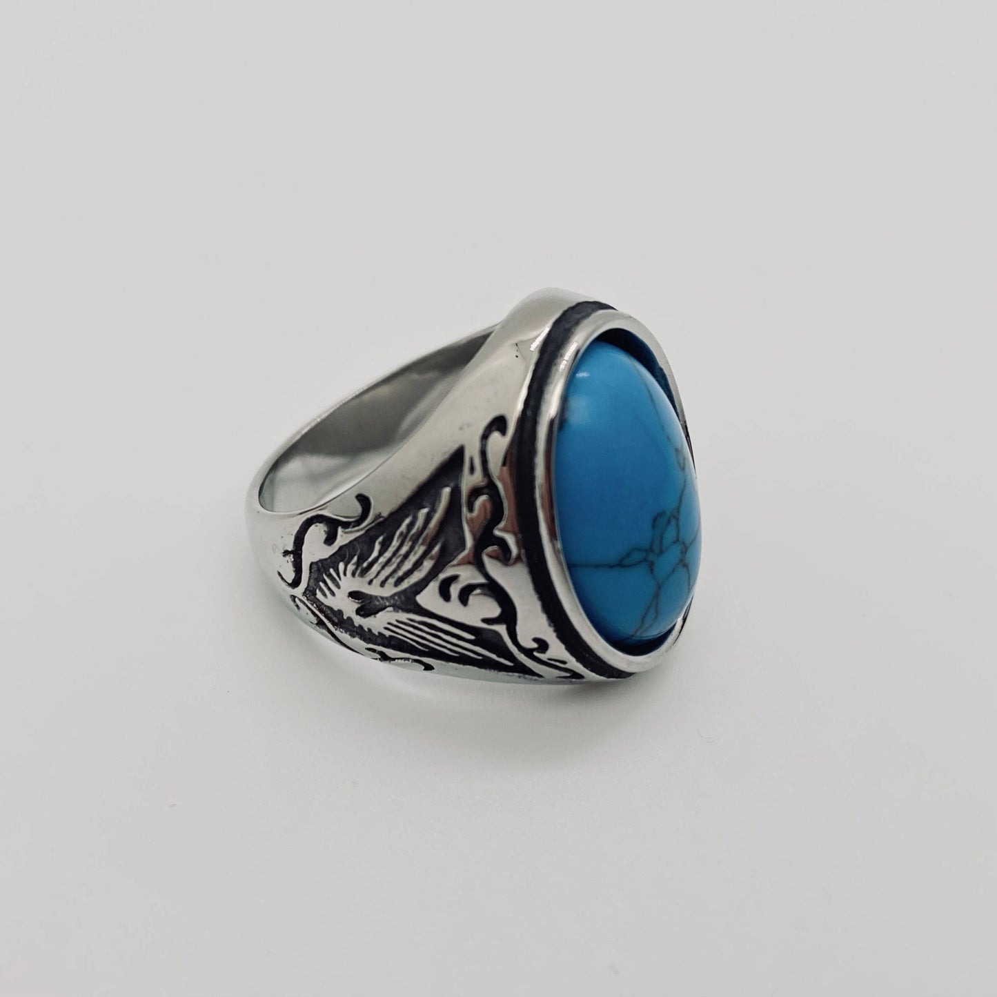 Stainless Steel Engraved Ring with Black Agate