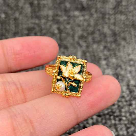 Vintage Oil Painting Style Flower 18K Gold Plated Ring