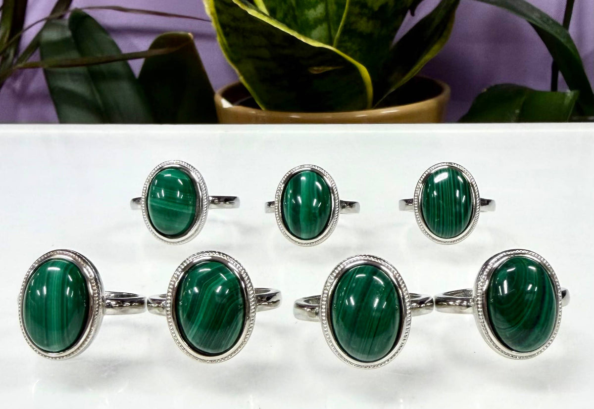 Natural Malachite Ring White Bronze
