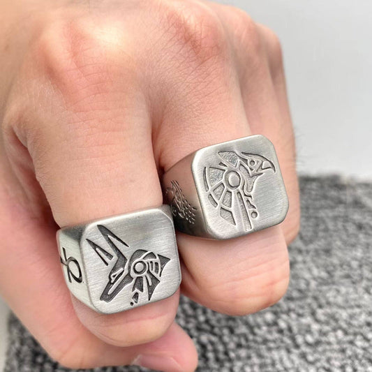 Egyptian Anubis & Horus Signet Stainless Steel Ring