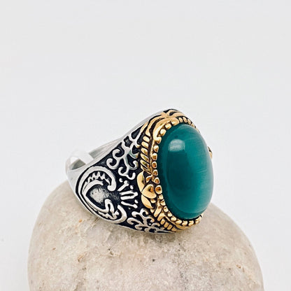 Green Onyx Flame Pattern Stainless Steel Ring