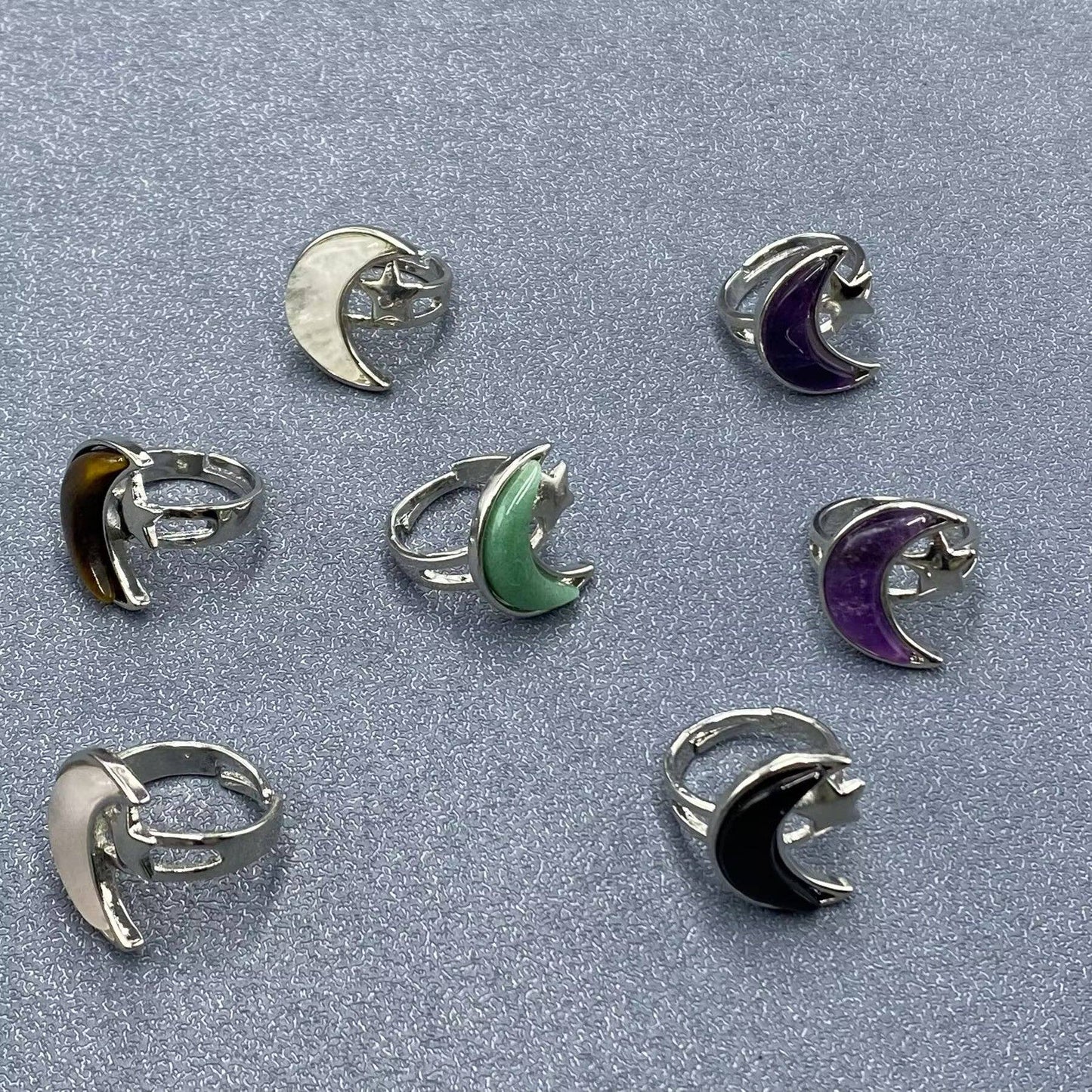 Agate Moon & Star Silver Tone Adjustable Ring