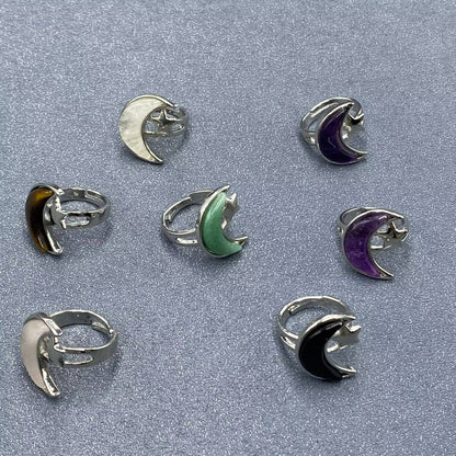 Agate Moon & Star Silver Tone Adjustable Ring