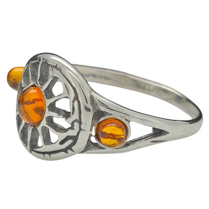 Amber Sterling Silver Sun & Moon Ring
