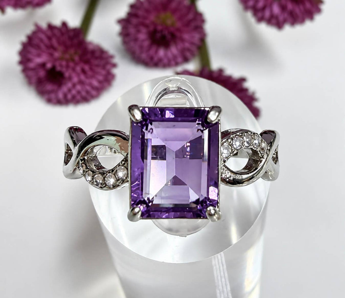 Natural Amethyst Emerald Cut Stainless Steel Ring 7x9mm