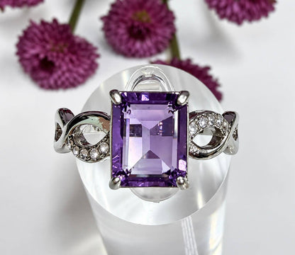 Natural Amethyst Emerald Cut Stainless Steel Ring 7x9mm