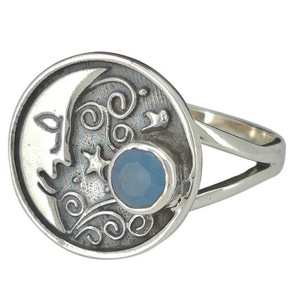Faceted Blue Chalcedony Silver Moon Ring