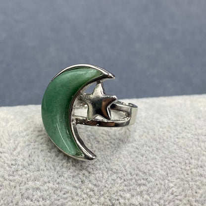Agate Moon & Star Silver Tone Adjustable Ring